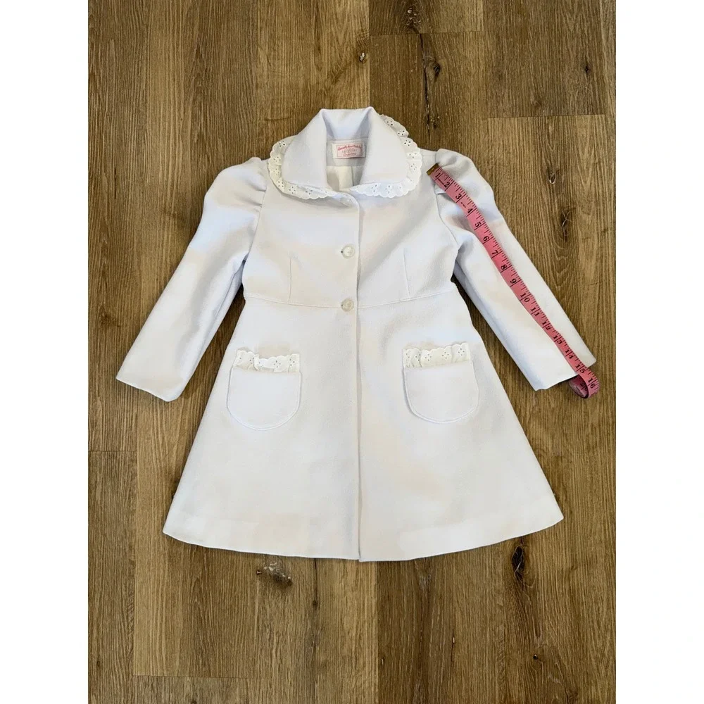 Eyelet Lace Trim Dress Coat Kids Sz 4 White A-Line Formal Outerwear Handmade